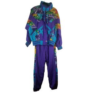 East West Vintage 1980s Women's 2 Piece Multicolor Purple Geometric Suit Sz S